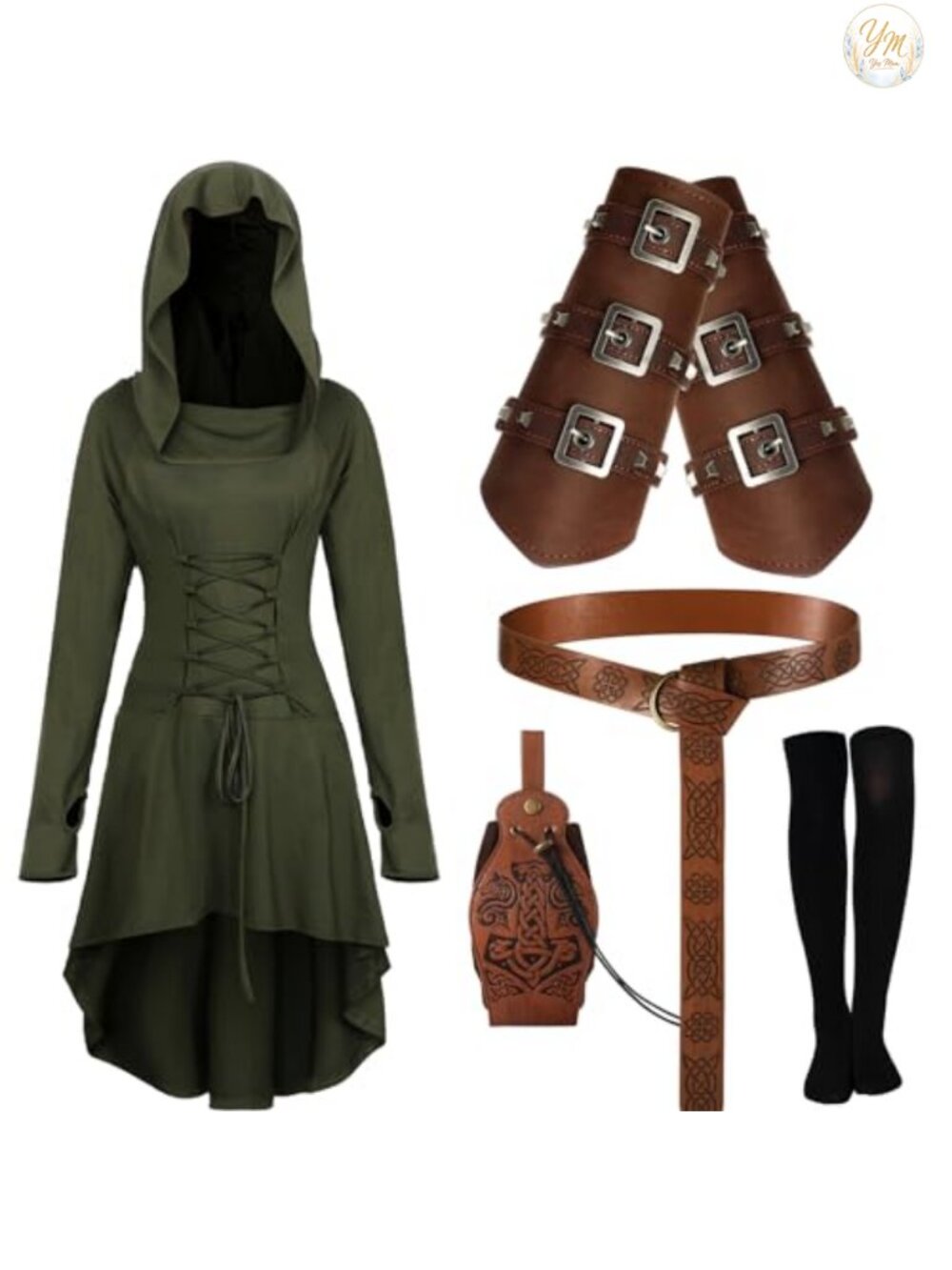 Renaissance Hooded Cloak Costume Set Belt Wrist Guards Pouch Socks